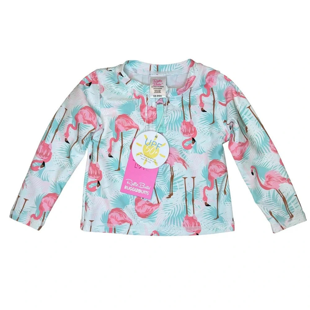 RuffleButts Girls Flamingo Long Sleeve Rash Guard‎ Swim Top UPF 50+ 18-24M NWT